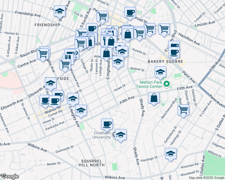 map of restaurants, bars, coffee shops, grocery stores, and more near 423 South Highland Avenue in Pittsburgh