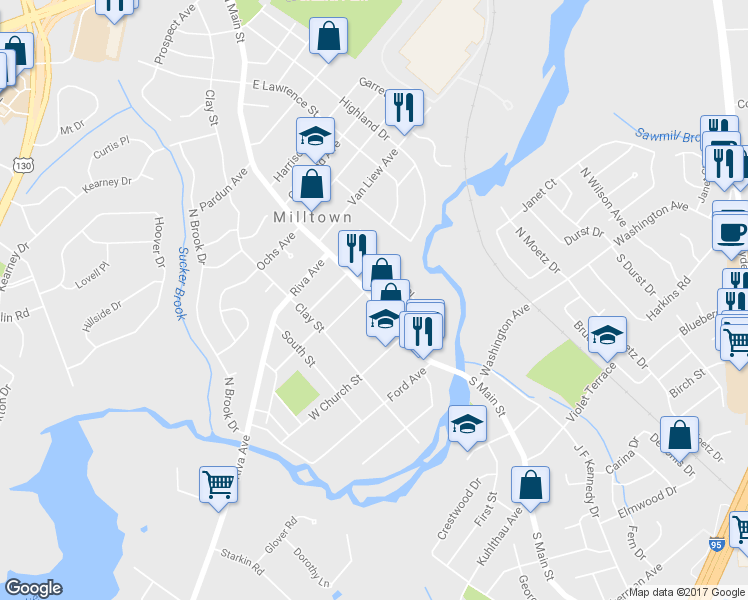 map of restaurants, bars, coffee shops, grocery stores, and more near 101 North Main Street in Milltown