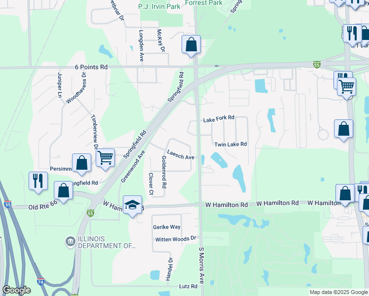 map of restaurants, bars, coffee shops, grocery stores, and more near 1004 Chicory Lane in Bloomington