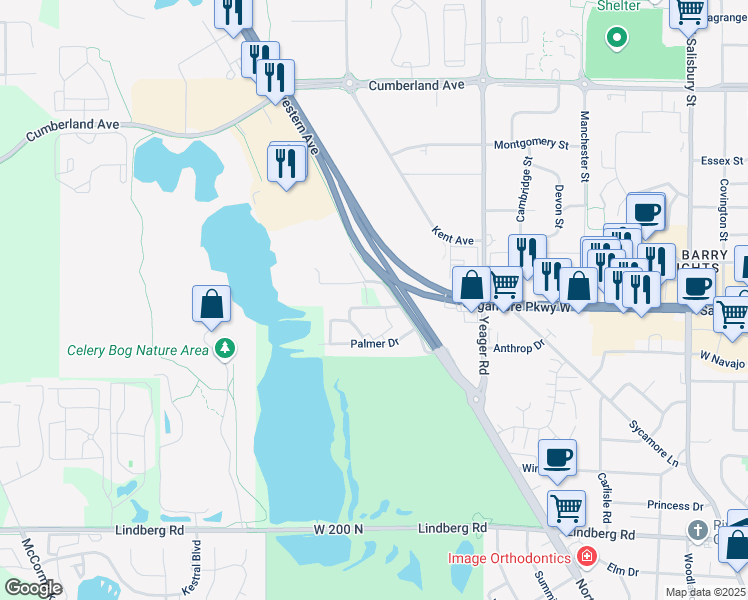 map of restaurants, bars, coffee shops, grocery stores, and more near 1399 Palmer Drive in West Lafayette