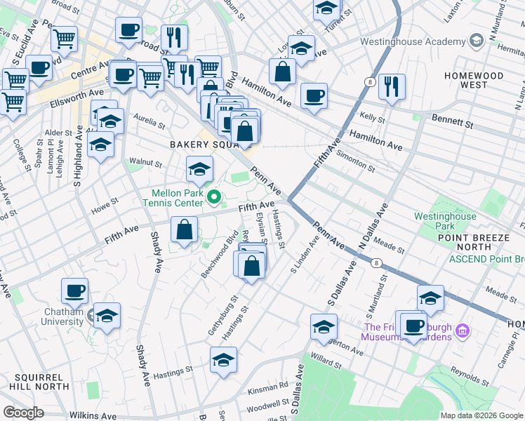map of restaurants, bars, coffee shops, grocery stores, and more near 6632 Fifth Avenue in Pittsburgh