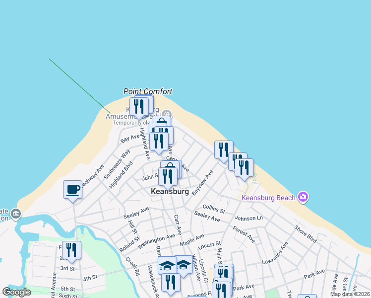map of restaurants, bars, coffee shops, grocery stores, and more near 19 Belleview Avenue in Keansburg