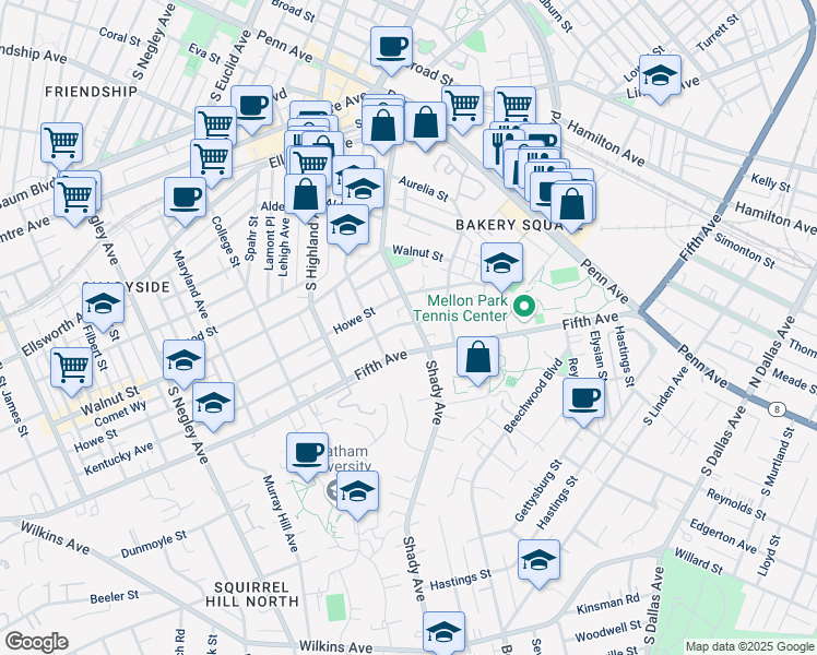 map of restaurants, bars, coffee shops, grocery stores, and more near 600 Shady Avenue in Pittsburgh