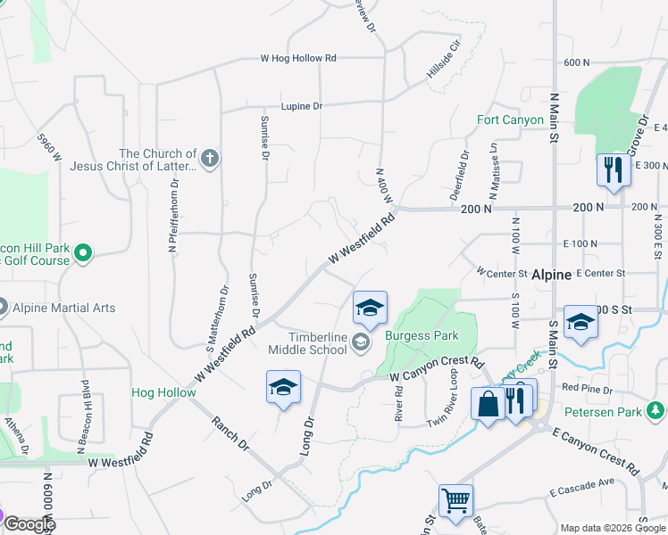 map of restaurants, bars, coffee shops, grocery stores, and more near 562 Dally Drive in Alpine