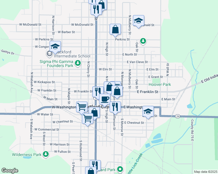 map of restaurants, bars, coffee shops, grocery stores, and more near 316 N High St in Hartford City