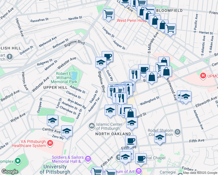 map of restaurants, bars, coffee shops, grocery stores, and more near 375 North Craig Street in Pittsburgh