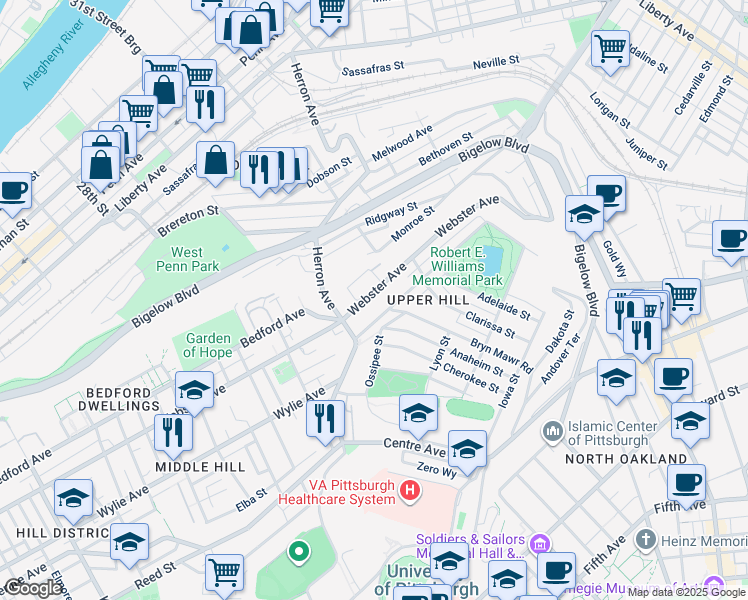 map of restaurants, bars, coffee shops, grocery stores, and more near 3340 1/2 Webster Avenue in Pittsburgh