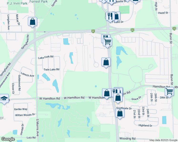 map of restaurants, bars, coffee shops, grocery stores, and more near 61 Ronald Drive in Bloomington