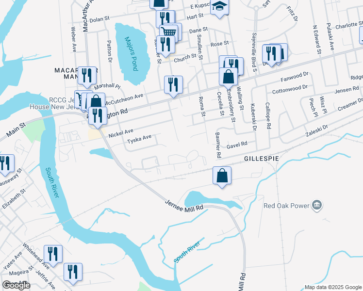 map of restaurants, bars, coffee shops, grocery stores, and more near 105 Winkler Road in Sayreville