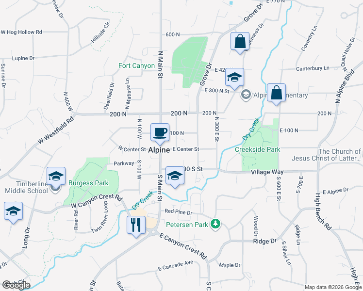 map of restaurants, bars, coffee shops, grocery stores, and more near 155 East Center Street in Alpine