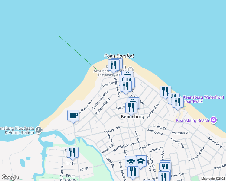 map of restaurants, bars, coffee shops, grocery stores, and more near 60 Seabreeze Way in Keansburg