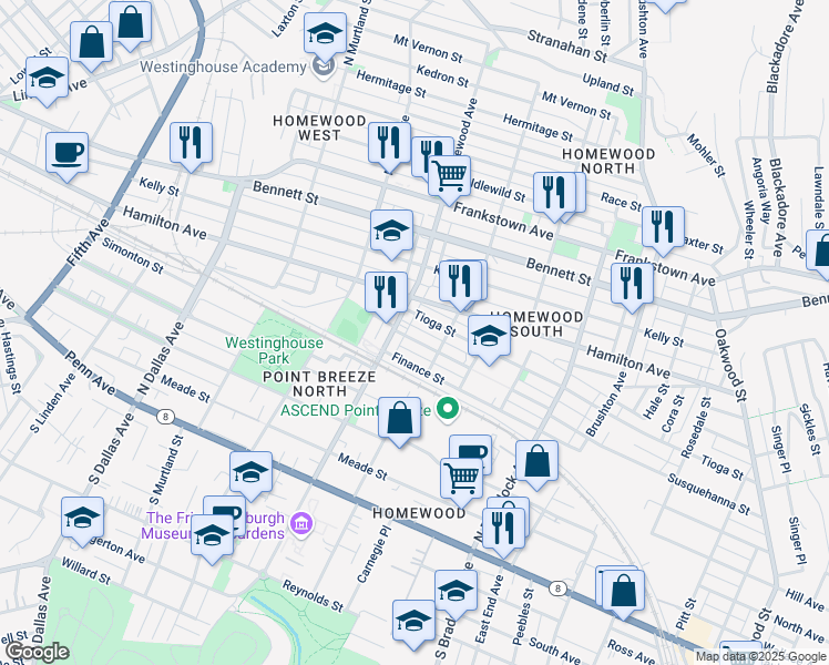 map of restaurants, bars, coffee shops, grocery stores, and more near 7217 Susquehanna Street in Pittsburgh