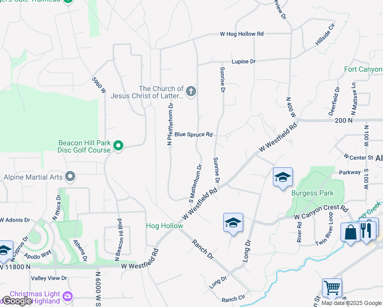 map of restaurants, bars, coffee shops, grocery stores, and more near 23 North Matterhorn Drive in Alpine