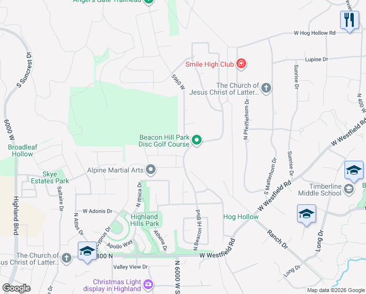 map of restaurants, bars, coffee shops, grocery stores, and more near 12005 Light House Drive West in Highland