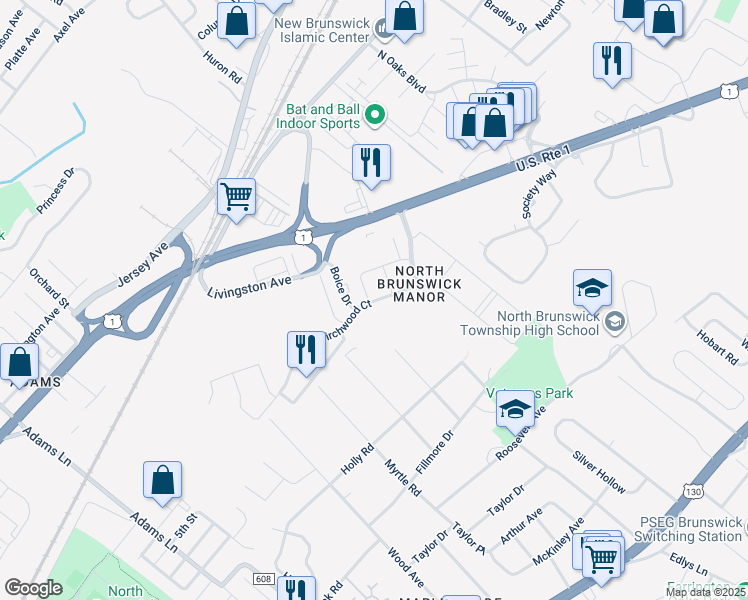 map of restaurants, bars, coffee shops, grocery stores, and more near 2880 Birchwood Court in North Brunswick Township