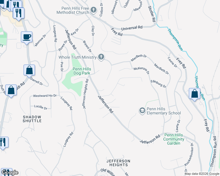 map of restaurants, bars, coffee shops, grocery stores, and more near 1003 Jefferson Road in Pittsburgh
