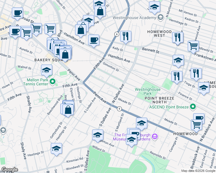 map of restaurants, bars, coffee shops, grocery stores, and more near 6822 Thomas Boulevard in Pittsburgh