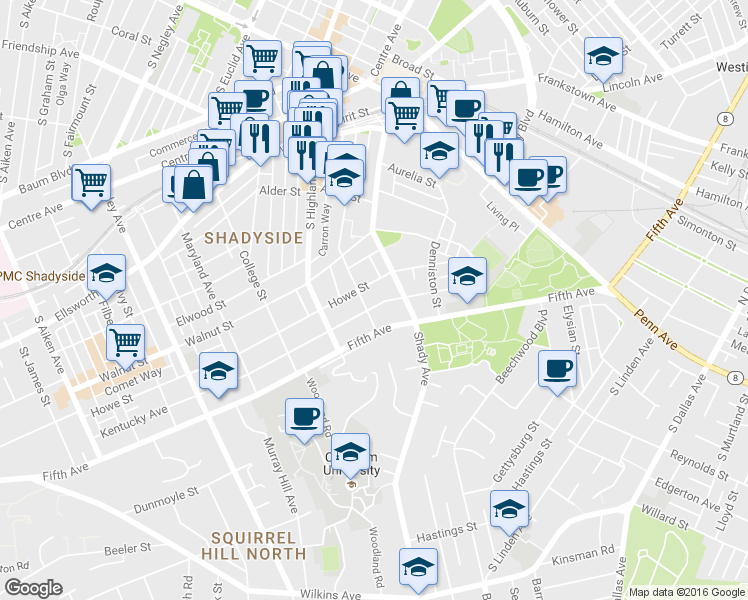 map of restaurants, bars, coffee shops, grocery stores, and more near 6116 Howe Street in Pittsburgh