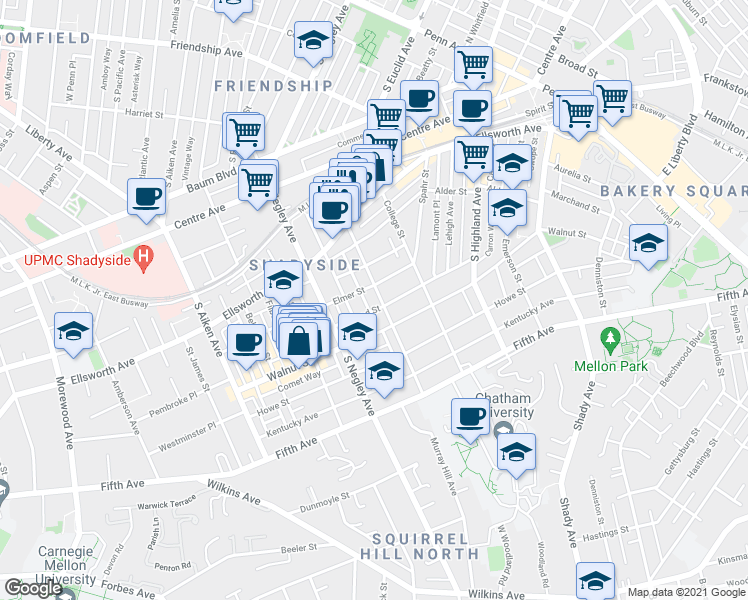 map of restaurants, bars, coffee shops, grocery stores, and more near 725 Maryland Avenue in Pittsburgh