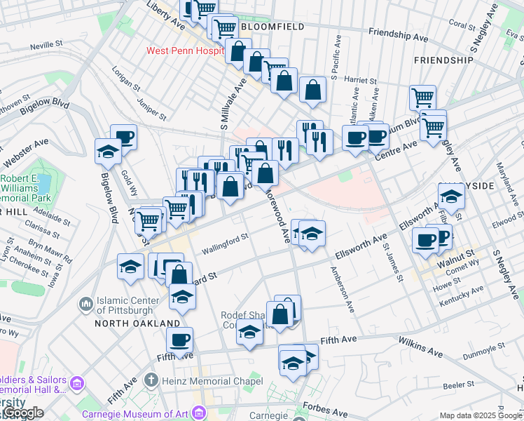 map of restaurants, bars, coffee shops, grocery stores, and more near 4920 Centre Avenue in Pittsburgh