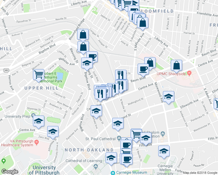 map of restaurants, bars, coffee shops, grocery stores, and more near 346 Melwood Avenue in Pittsburgh