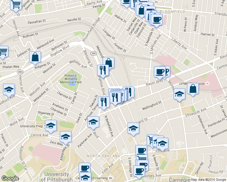 map of restaurants, bars, coffee shops, grocery stores, and more near in Pittsburgh