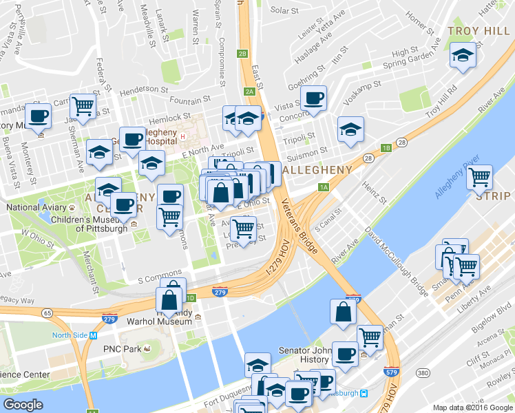 map of restaurants, bars, coffee shops, grocery stores, and more near in Pittsburgh