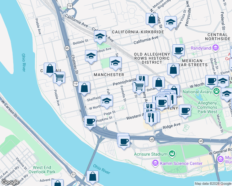 map of restaurants, bars, coffee shops, grocery stores, and more near 1219 Sheffield Street in Pittsburgh