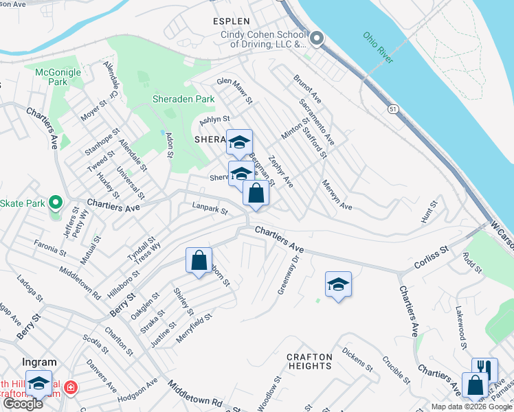 map of restaurants, bars, coffee shops, grocery stores, and more near 630 Hillsboro Street in Pittsburgh