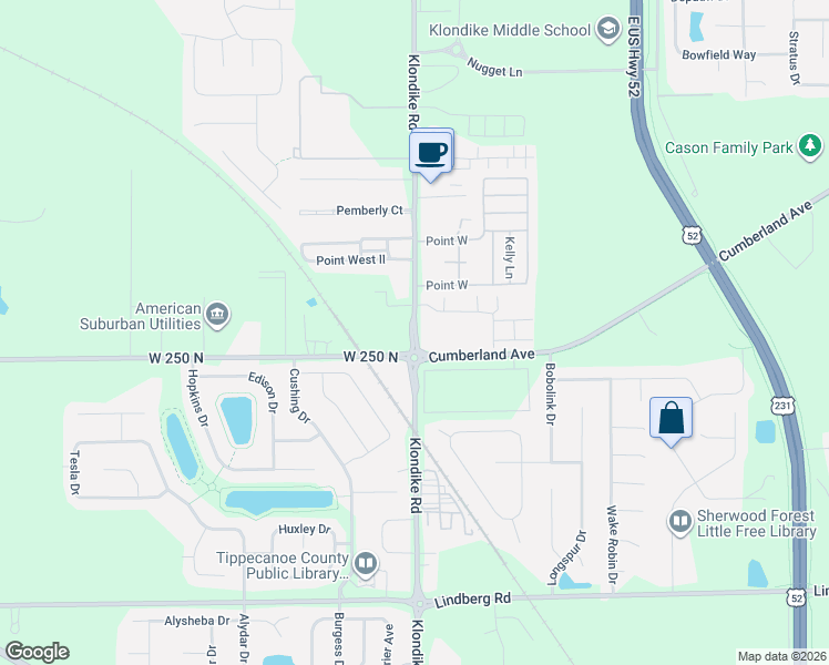 map of restaurants, bars, coffee shops, grocery stores, and more near 2543 Klondike Road in West Lafayette