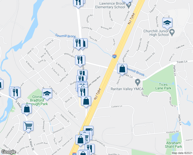 map of restaurants, bars, coffee shops, grocery stores, and more near Cedar Village Boulevard in East Brunswick