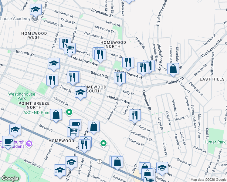 map of restaurants, bars, coffee shops, grocery stores, and more near 7626 Kelly Street in Pittsburgh