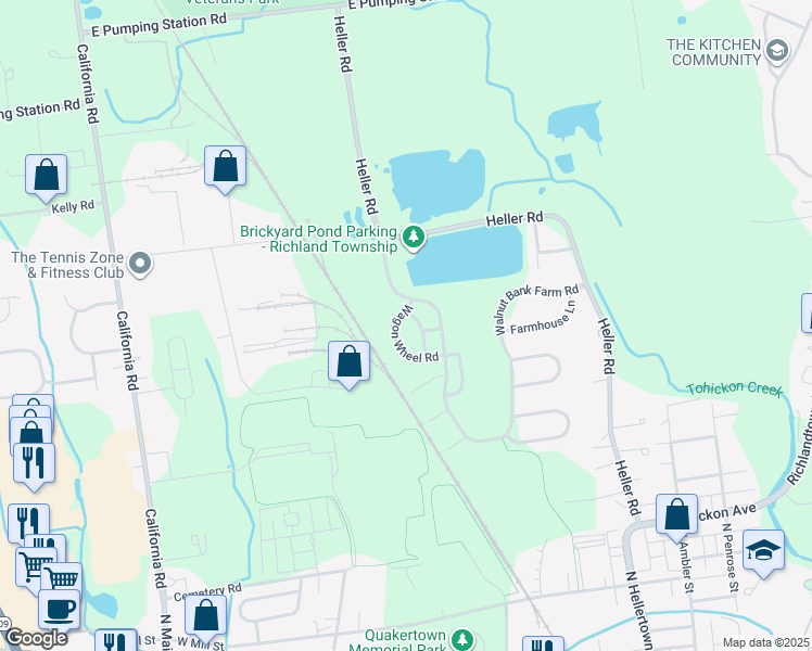 map of restaurants, bars, coffee shops, grocery stores, and more near 59 Wagon Wheel Road in Quakertown