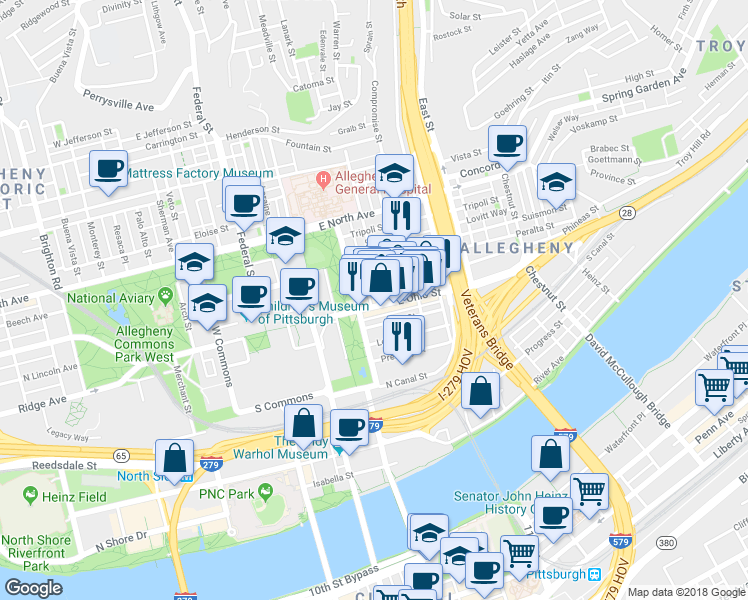 map of restaurants, bars, coffee shops, grocery stores, and more near 414 East Ohio Street in Pittsburgh