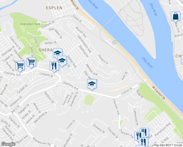 map of restaurants, bars, coffee shops, grocery stores, and more near 2705 Merwyn Avenue in Pittsburgh