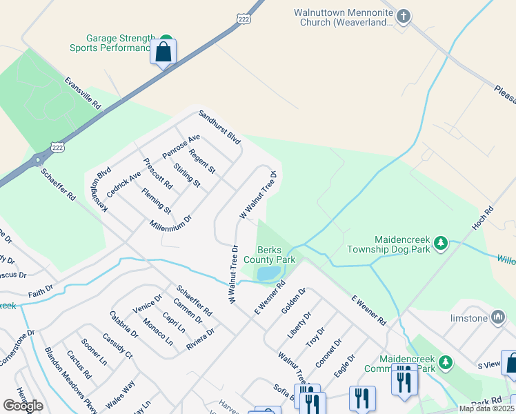 map of restaurants, bars, coffee shops, grocery stores, and more near 268 West Walnut Tree Drive in Blandon