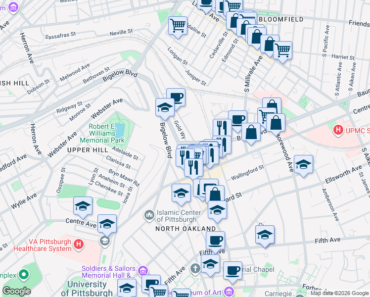 map of restaurants, bars, coffee shops, grocery stores, and more near in Pittsburgh