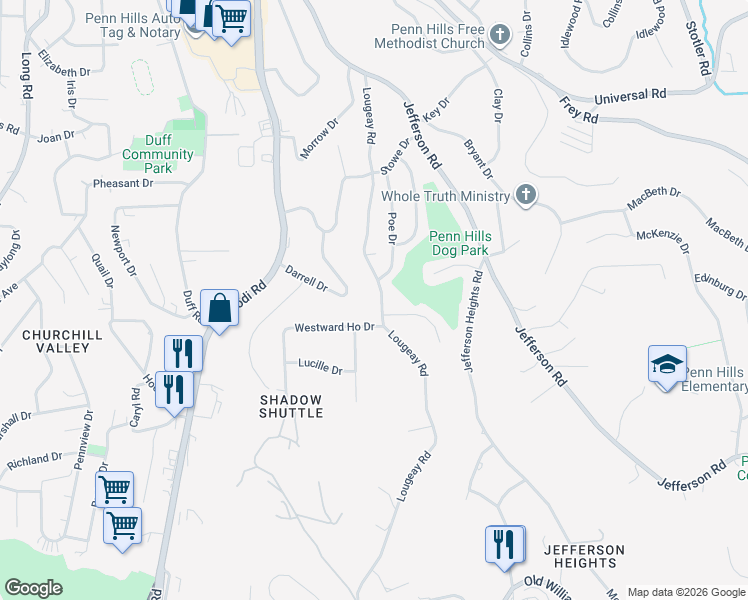 map of restaurants, bars, coffee shops, grocery stores, and more near 494 Lougeay Road in Pittsburgh