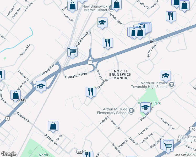 map of restaurants, bars, coffee shops, grocery stores, and more near 4805 Boice Drive in North Brunswick Township