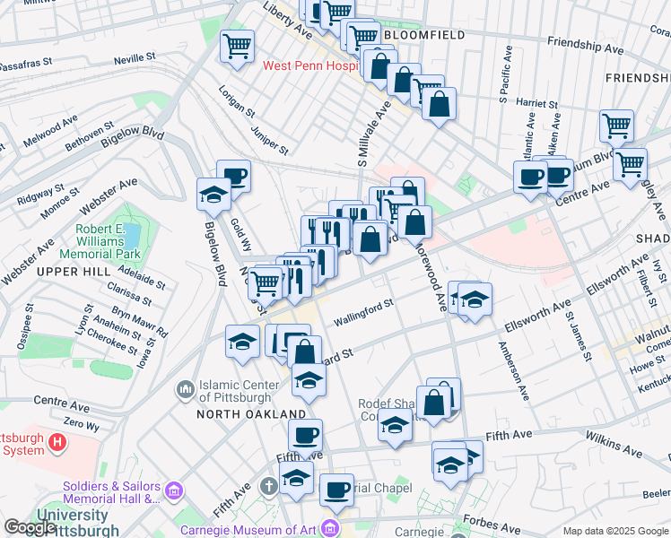 map of restaurants, bars, coffee shops, grocery stores, and more near 4740 Baum Boulevard in Pittsburgh