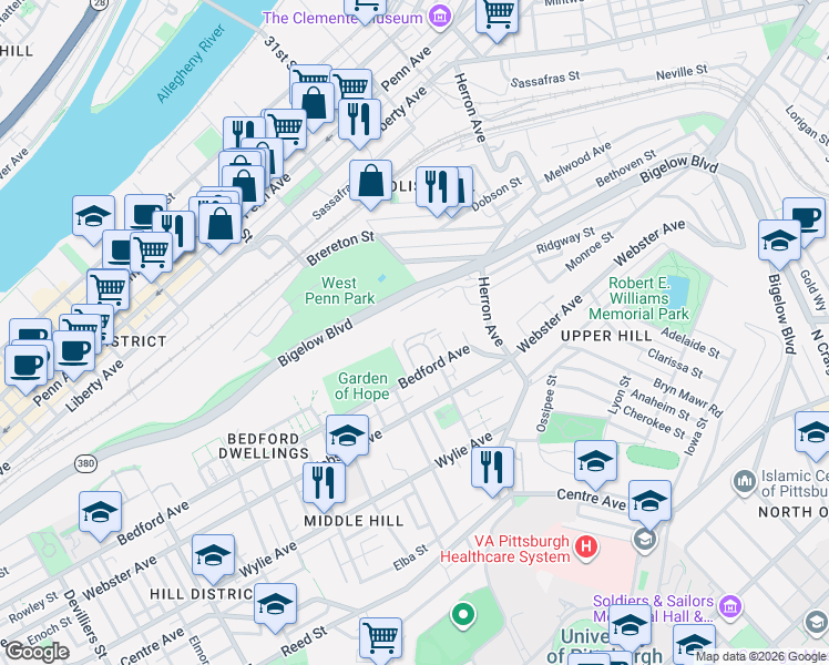 map of restaurants, bars, coffee shops, grocery stores, and more near 2829 Bedford Avenue in Pittsburgh