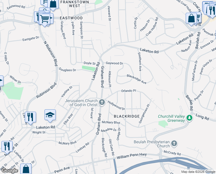 map of restaurants, bars, coffee shops, grocery stores, and more near 1718 Atkinson Place in Pittsburgh