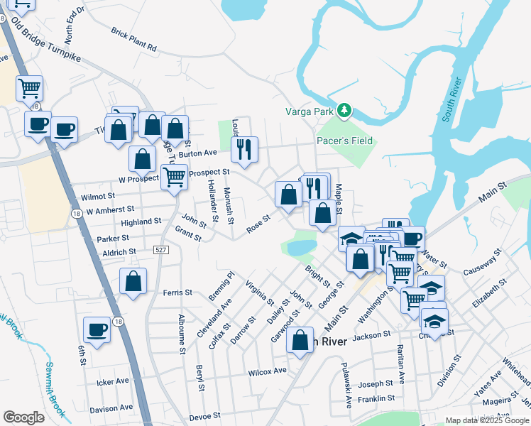 map of restaurants, bars, coffee shops, grocery stores, and more near 10 Rose Street in South River