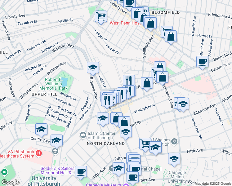 map of restaurants, bars, coffee shops, grocery stores, and more near 346 Melwood Avenue in Pittsburgh