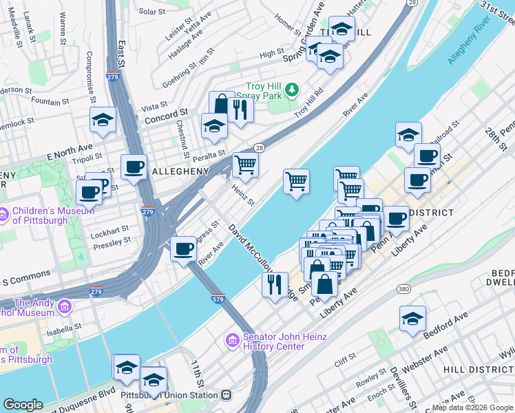 map of restaurants, bars, coffee shops, grocery stores, and more near 13 North Shore Trail in Pittsburgh