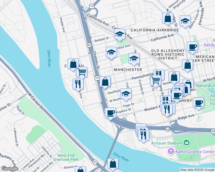 map of restaurants, bars, coffee shops, grocery stores, and more near 1300 Chateau Street in Pittsburgh