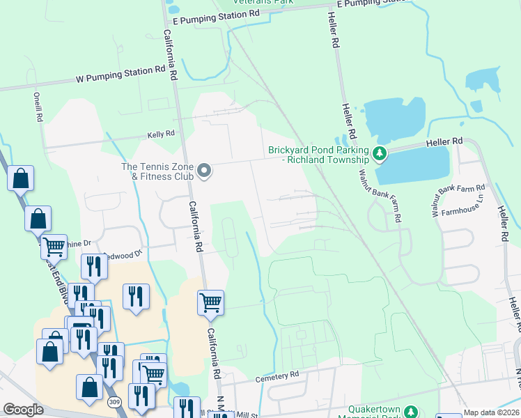 map of restaurants, bars, coffee shops, grocery stores, and more near Pacific Drive in Quakertown