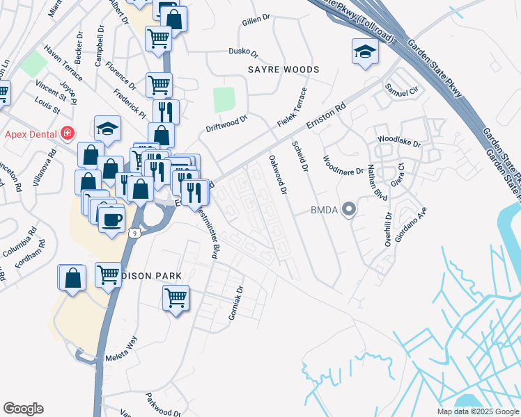 map of restaurants, bars, coffee shops, grocery stores, and more near 31 Skytop Gardens in Sayreville