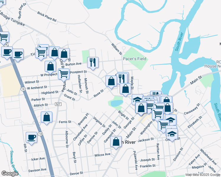 map of restaurants, bars, coffee shops, grocery stores, and more near 123 East Prospect Street in South River