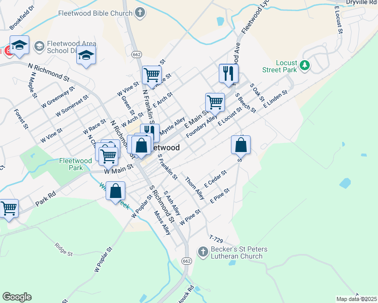 map of restaurants, bars, coffee shops, grocery stores, and more near 56 East Locust Street in Fleetwood